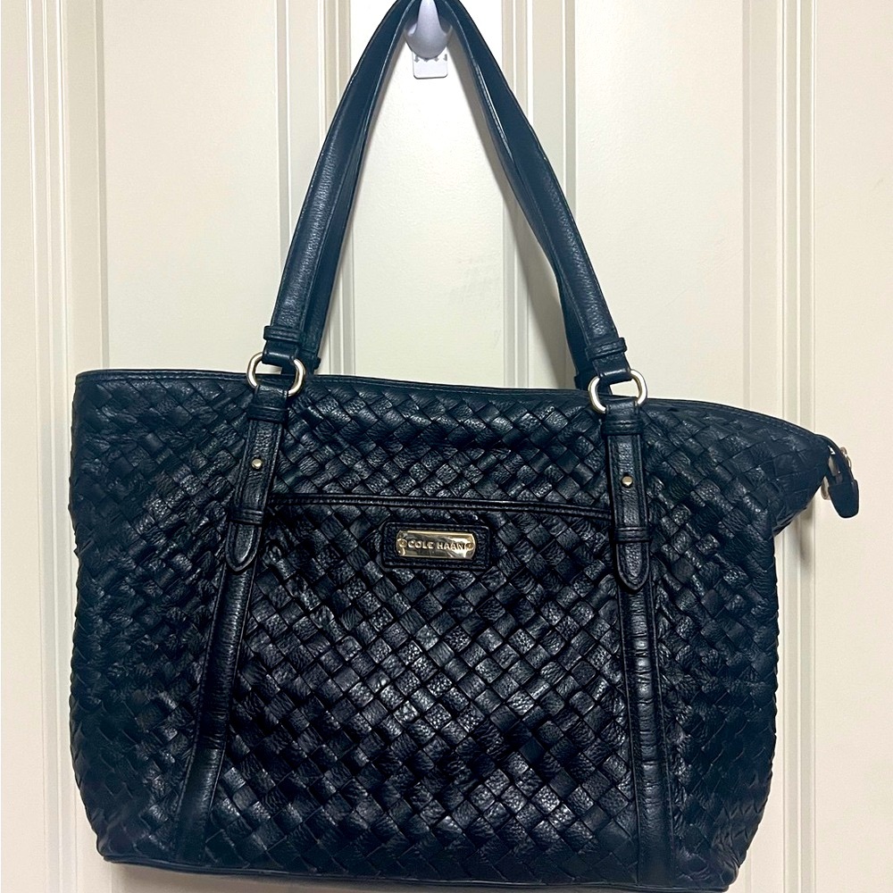 Cole haan woven leather black tote - large